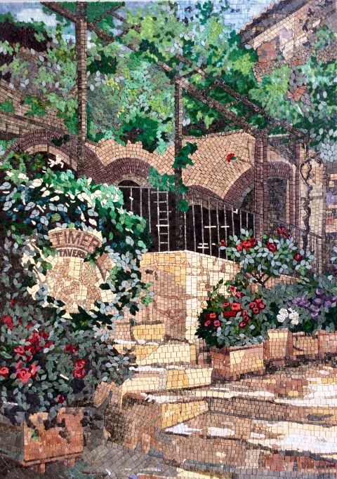 Мозаичное панно, по сюжету картины венгерского художника Shymski Andras. Материал - мраморная, стеклянная мозаика. Размер - 2200х1400мм.