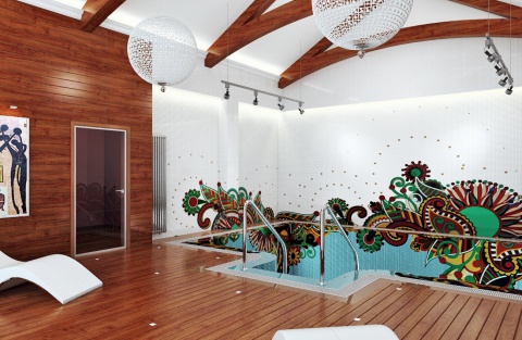 Собственная разработка интерьера бассейна в частном доме. Рисунок стен и чаши бассейна выполнены мозаикой в формате  10х10мм. в сочетании с тиковым деревом.