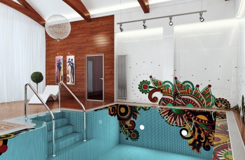 Собственная разработка интерьера бассейна в частном доме. Рисунок стен и чаши бассейна выполнены мозаикой в формате  10х10мм. в сочетании с тиковым деревом