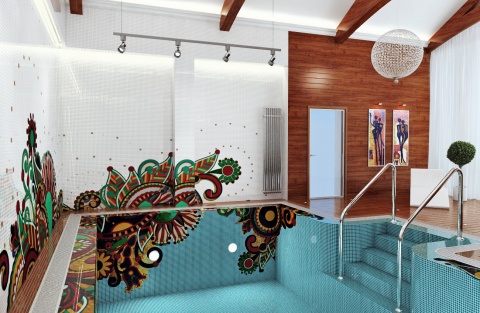 Собственная разработка интерьера бассейна в частном доме. Рисунок стен и чаши бассейна выполнены мозаикой в формате  10х10мм. в сочетании с тиковым деревом.